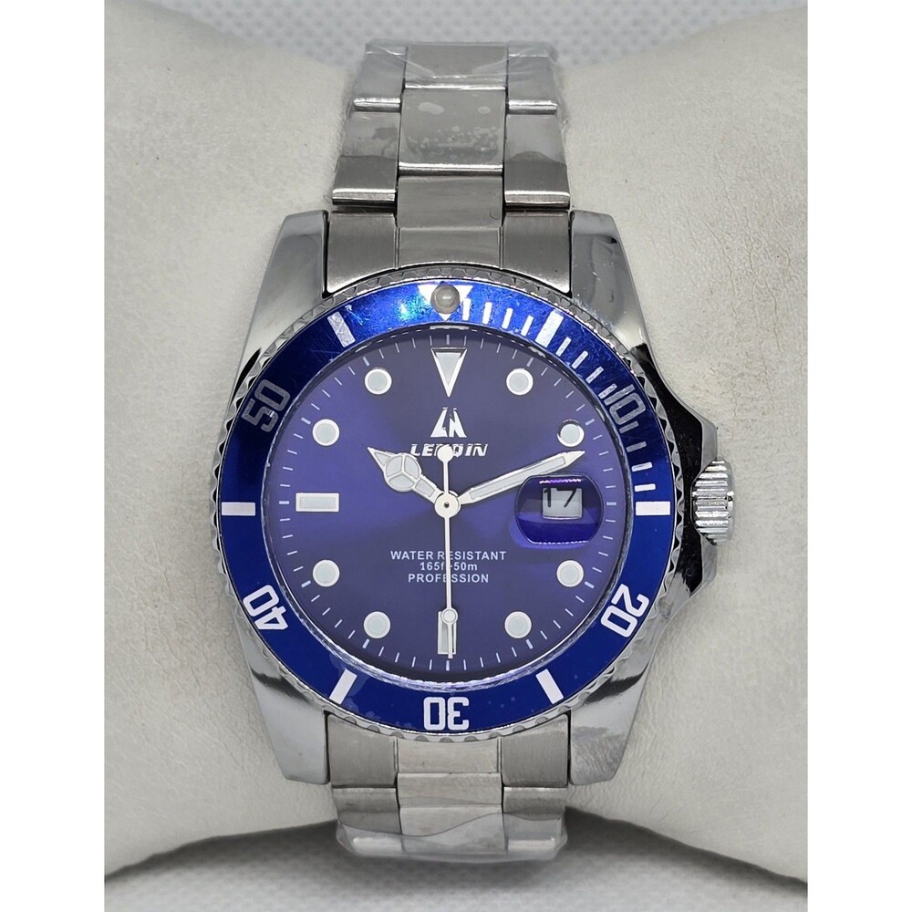 Men's Lenqin Classic Silver Tone Blue Dial Luminous Date Bracelet Watch 13